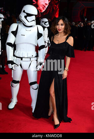 Myleene Klass frequentando la premiere europeo di Star Wars: ultimi Jedi tenutosi presso la Royal Albert Hall di Londra. Stampa foto di associazione. Picture Data: martedì 12 dicembre, 2017. Vedere PA storia SHOWBIZ StarWars. Foto di credito dovrebbe leggere: Ian West/PA FILO Foto Stock