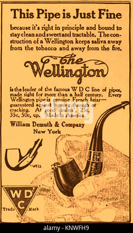 Un 1914 pubblicità per la marca di Wellington, Francese Briar fumatori tubi fabbricati da William Demuth e Co (WDM) , New York STATI UNITI D'AMERICA. Da una rivista americana - Foto Stock