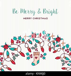 Buon Natale disegnati a mano greeting card design vacanza con decorazione di ornamento. Include le luci di Natale, calza, vischio e agrifoglio piante. EPS vettore10 Illustrazione Vettoriale