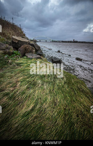 Guardando fuori attraverso il fiume Mersey presso il vecchio Runcorn Silver Jubilee Bridge e il nuovo Mersey ponte Gateway Foto Stock