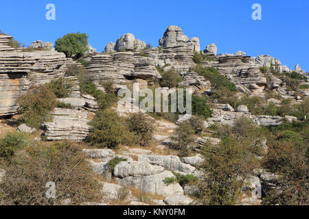 Il Carso insolite formazioni rocciose di El Torcal de Antequera riserva naturale, situato a sud della città di Antequera nella provincia di Malaga, Spagna Foto Stock