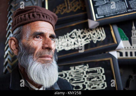 Ritratto di un uomo musulmano in piedi sotto l'arco di un gateway per la Jama Masjid nella vecchia città di Delhi, India Foto Stock