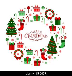 Natale icone piana in un cerchio. Buon Natale e felice anno nuovo lettering. Design piatto modello. Disegnata a mano illustrazione vettoriale. Illustrazione Vettoriale