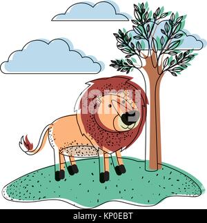 Lion cartoon in scena all'aperto con alberi e nuvole in silhouette ad acquerello Illustrazione Vettoriale