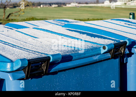 Plastica blu scomparti Wheely coperti su una pesante la brina si affaccia su Epsom Race Course Foto Stock