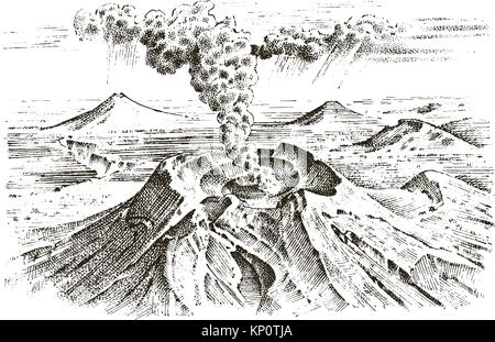 Attività del vulcano con il magma, fumo prima dell'Eruzione e colate di lava o di natura disastro. per viaggi avventura. paesaggi di montagna. incisi disegnati a mano nel vecchio sketch, in stile vintage. Illustrazione Vettoriale