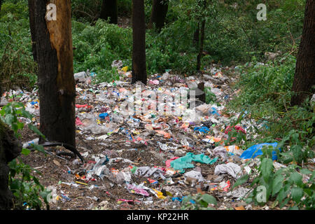 Cumuli di rifiuti di plastica e altri rifiuti gettati giù bank, un fin troppo comune vista attorno Mcleod Ganj, India Foto Stock