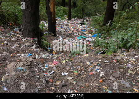 Cumuli di rifiuti di plastica e altri rifiuti gettati giù bank, un fin troppo comune vista attorno Mcleod Ganj, India Foto Stock