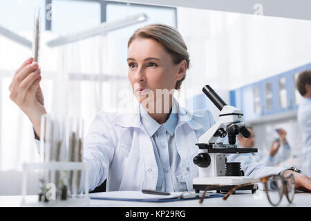 Scienziato di esaminare il tubo di prova Foto Stock