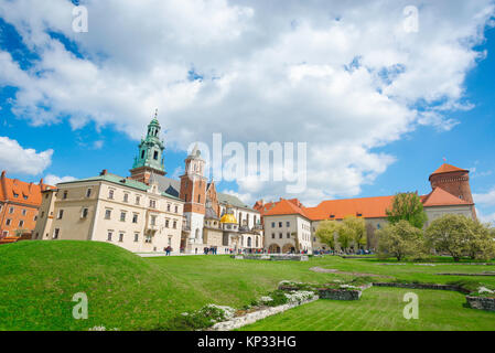 Cracovia Wawel, la cattedrale e il Castello Reale di edifici sul colle di Wawel, con lo scavo delle fondazioni di edifici medievali in primo piano, Polonia. Foto Stock