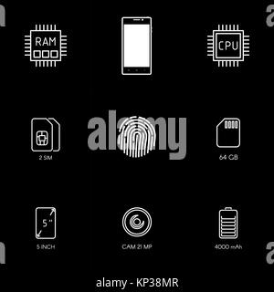 Specifiche dello smartphone linea piatta icone. Descrizione del gadget. Imposta icona vettore. Illustrazione Vettoriale