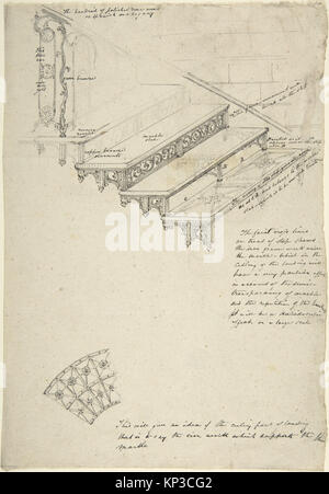 Un disegno dettagliato di una scala in ferro con gradini in marmo, che mostra il design strutturale e i materiali utilizzati nell'architettura storica. Foto Stock