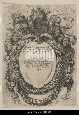 Incisione intitolata "Cartouche con titolo: Nouvelles Invenions de Cartouches" di Stefano della bella, artista italiano, 1647 circa. La lastra misura 12,3 x 8,9 cm e fa parte della collezione MET, che mostra tecniche di incisione italiane del XVII secolo e design decorativo cartiglio. Foto Stock