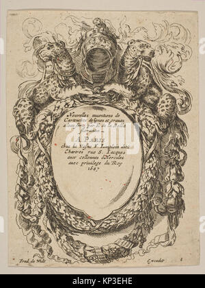 Incisione intitolata "Nouvelles invenions de cartouch" che mostra un disegno decorativo cartiglio del XVII secolo, creato su Stefano della bella, pubblicato da Frederick de WIT, con dettagli ornamentali e frontespizio. Foto Stock