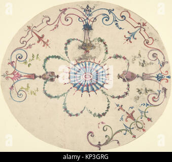 Un disegno per un soffitto ovale, attribuito a Jules-Edmond-Charles Lachaise e Eugène-Pierre Gourdet, creato nella seconda metà del XIX secolo. Il disegno misura 7/16 x 3/8 pollici ed è eseguito in grafite e pennello con lavaggio marrone su carta posata. Foto Stock