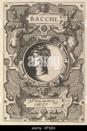 Illustrazione decorativa del busto di Bacco con strapwork da "Deorum dearumque", che mostra le immagini classiche della divinità dalla collezione di monete di Abraham Ortelius. Foto Stock