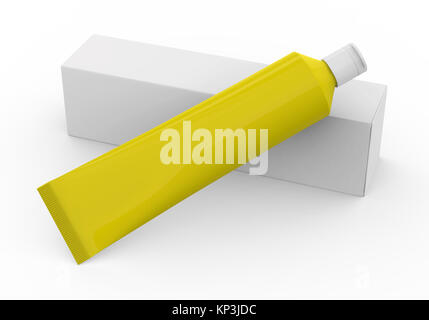 Pacchetto di dentifricio mockup, vuoto tubo giallo con scatola di carta in 3D render Foto Stock