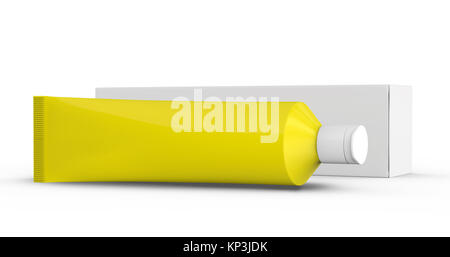 Pacchetto di dentifricio mockup, vuoto tubo giallo con scatola di carta in 3D render Foto Stock