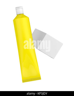 Pacchetto di dentifricio mockup, vuoto tubo giallo con scatola di carta galleggianti in aria in 3D render Foto Stock