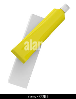 Pacchetto di dentifricio mockup, vuoto tubo giallo con scatola di carta galleggianti in aria in 3D render Foto Stock