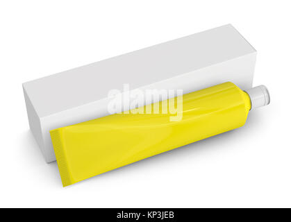 Pacchetto di dentifricio mockup, vuoto tubo giallo con scatola di carta in 3D render Foto Stock