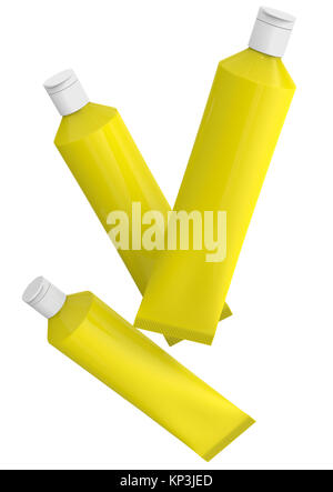 Pacchetto di dentifricio mockup, giallo vuota Tubi galleggianti in aria in 3D render Foto Stock