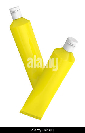 Pacchetto di dentifricio mockup, giallo vuota Tubi galleggianti in aria in 3D render Foto Stock