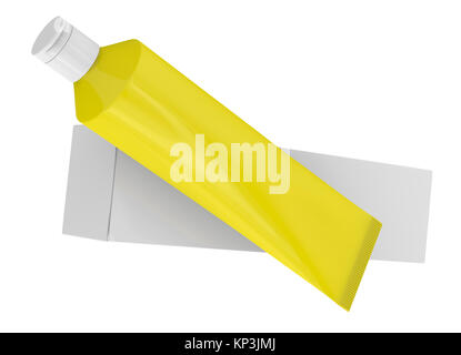 Blank dentifricio mockup, floating incollare il tubo con la cassetta della carta in 3D render in giallo Foto Stock