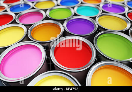 Multi colore barattoli di vernice sullo sfondo. 3D'illustrazione. Foto Stock