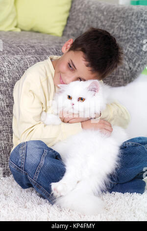 Ragazzo che accarezzano un bianco gatto persiano a casa Foto Stock