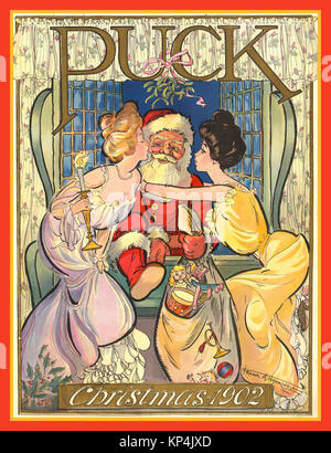 1900 Santa Claus salendo attraverso la finestra con il sacco pieno di doni è baciato sotto il vischio da due donne elegante..il coperchio di Natale da Frank un Nankivell da 'Puck' magazine,1902. Un famoso settimanale, fondata dal fumettista Giuseppe Ferdinando Keppler, a St Louis USA 1871 Foto Stock