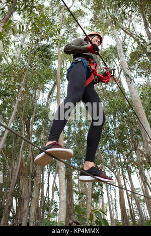 Giovane donna sorridente indossando il casco di sicurezza Attraversamento linea zip nella foresta Foto Stock