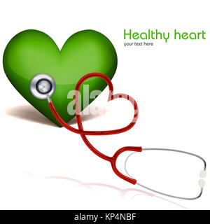 Illustrazione di cuore sano con uno stetoscopio su sfondo bianco Foto Stock