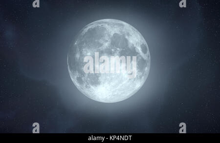 Alta risoluzione 3D rendering della luna piena con effetto di alone e stelle campo in background. Foto Stock