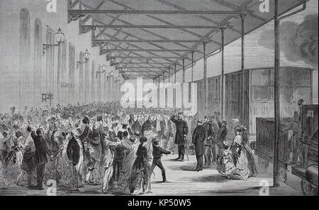 La ricezione del principe ereditario di Prussia presso la stazione di Berlin-Anhalter a Lipsia il 26 luglio 1870, in Germania, in tempo di guerra franco-prussiana o guerra franco-tedesca, Deutsch-Franzoesischer Krieg, 1870 - 1871, digitale migliorata la riproduzione di un originale xilografia dal 1871 Foto Stock