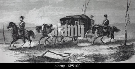 Stagecoach, campo tedesco Post tra Nancy e Epinal, Francia 1870, al tempo della guerra franco-prussiana o guerra franco-tedesca, Deutsch-Franzoesischer Krieg, 1870 - 1871, digitale migliorata la riproduzione di un originale xilografia dal 1871 Foto Stock