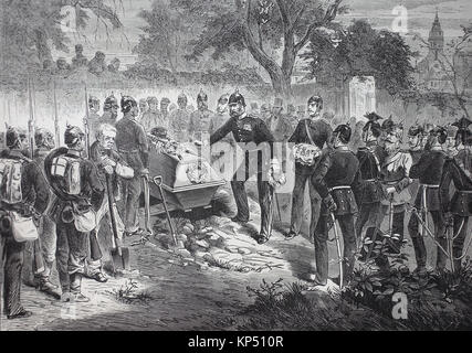 La sepoltura del generale francese Douaine dalle truppe prussiano di Sarreguemines il 7 agosto 1870, guerra franco-tedesca 1870/1871, al tempo della guerra franco-prussiana o guerra franco-tedesca, Deutsch-Franzoesischer Krieg, 1870 - 1871, digitale migliorata la riproduzione di un originale xilografia dal 1871 Foto Stock