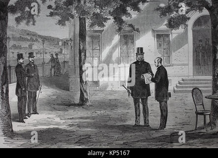 William I., in tedesco - Friedrich Wilhelm Karl, 27 settembre 1781 - 25 giugno 1864, era il re del Württemberg e Vincent, Conte Benedetti, 29 Aprile 1817 - 28 marzo 1900, è stato un diplomatico francese, entrambi in EMS, il 13 luglio 1870, al tempo della guerra franco-prussiana o guerra franco-tedesca, Deutsch-Franzoesischer Krieg, 1870 - 1871, digitale migliorata la riproduzione di un originale xilografia dal 1871 Foto Stock