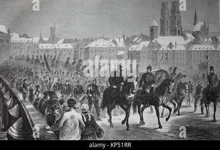 Truppe tedesche in marcia attraverso la Loira in Orleans il 5 dicembre, Francia,Tedesco-francese campagna di 1870/1871, al tempo della guerra franco-prussiana o guerra franco-tedesca, Deutsch-Franzoesischer Krieg, 1870 - 1871, digitale migliorata la riproduzione di un originale xilografia dal 1871 Foto Stock