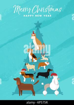 Auguri di Buon Natale felice anno nuovo vacanza divertente greeting card illustrazione di cani rendendo xmas pino forma. Include il pug, poodle, Shiba Inu, bulldog un Illustrazione Vettoriale