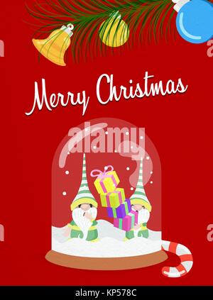 Merry Christmas greeting card, snow globe illustrazione per la stagione delle feste. Divertenti personaggi elf con confezioni regalo e la tipografia preventivo. EPS10 vettore. Illustrazione Vettoriale