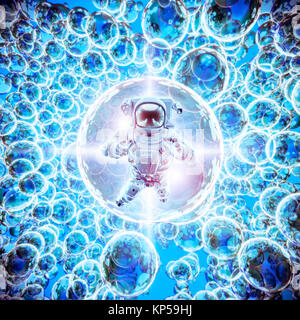 Infinite galassie astronauta / 3D illustrazione della astronauta floating tra luminosa incandescente sfere galattico Foto Stock