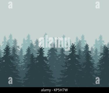 Illustrazione Vettoriale della foresta di inverno con la nebbia e la nebbia sotto il cielo verde Illustrazione Vettoriale