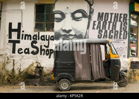 In rickshaw auto parcheggiate fuori Himalaya tea shop in Dharamkot, India Foto Stock