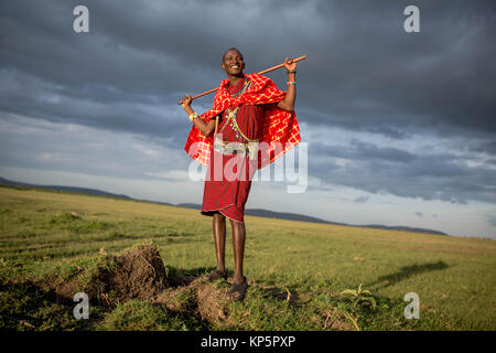 Kenya Safari Masai Josphat guida Mako sorge nel nord di Mara Conservancy confinanti con la Riserva Nazionale di Masai Mara Giugno 23, 2015 in Masai Mara, Kenya. (Foto di Stuart Prezzo/rendono Kenya via Planetpix) Foto Stock