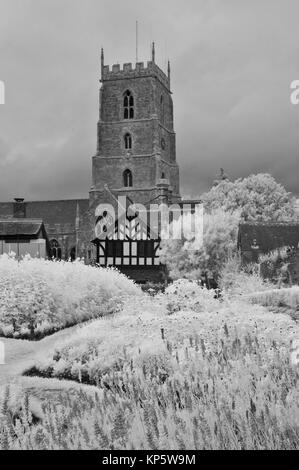 Una immagine infrarossa del National Trust Garden Dream in fiore al Castello di Dunster nel Somerset, Inghilterra con la chiesa di San Giorgio in background Foto Stock