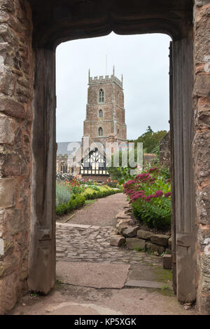 Una collezione autunno volta vista del National Trust Garden Dream in fiore al Castello di Dunster nel Somerset, Inghilterra con la chiesa di San Giorgio in background Foto Stock