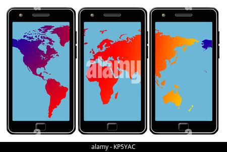 Questa è una illustrazione per andare con una storia su utilizzando il proprio telefono cellulare per le chiamate internazionali. Include quattro telefoni cellulari e una mappa del mondo sprea Foto Stock