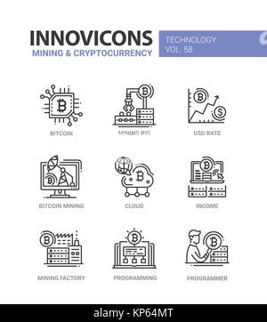 Industria mineraria e cryptocurrency - linea design set di icone Illustrazione Vettoriale