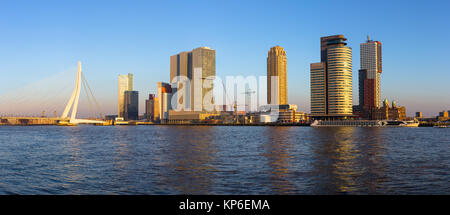 Vista panoramica della skyline di Rotterdam al tramonto. Giallo tenue luce con cielo blu. Foto Stock